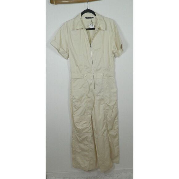 Zara Jumpsuit Size Small Beige Relaxed Fit Wide Leg Cargo Pocket Zipper Front - Picture 7 of 16